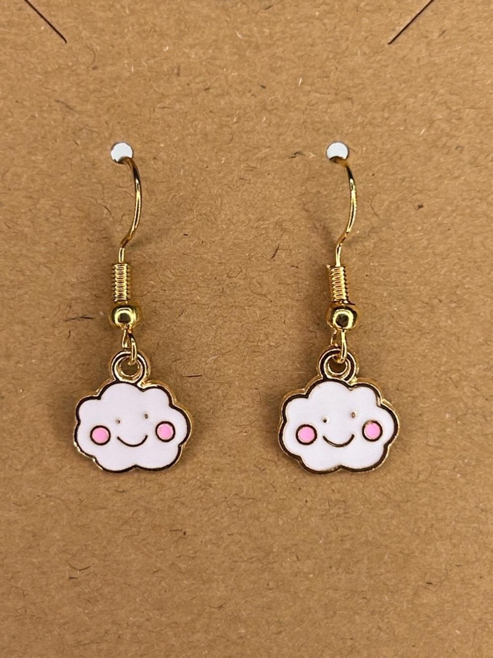 Gold Cloud Smile Dangle Earrings - Pink & White Fashion Jewelry